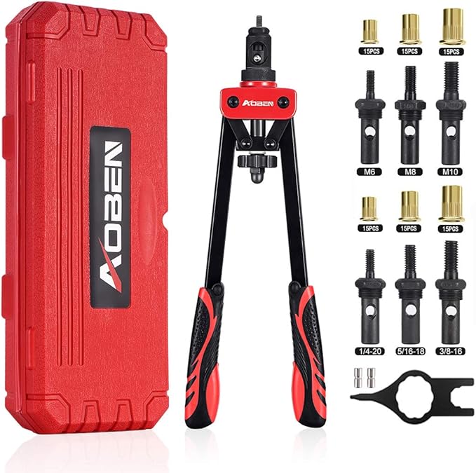 AOBEN 14" Rivet Nut Tool, Professional Hand Rivet Nut Setter Kit Labor-Saving and Compact Design Including 6 Interchangeable Mandrels 90pcs Rivnuts and 2 Mandrel Lock Pins