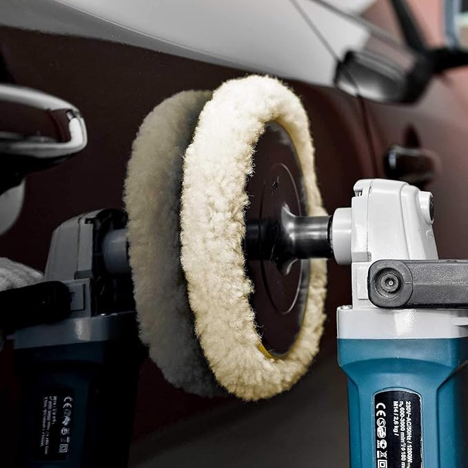 Wool Polishing Pads, SPTA 6"(150mm) 100% Natural Wool Buffing Pad with Hook & Loop Backing 4pcs Set Come with 5/8-11 Thread Backing Plate for Car Polishing, Buffing and Cutting