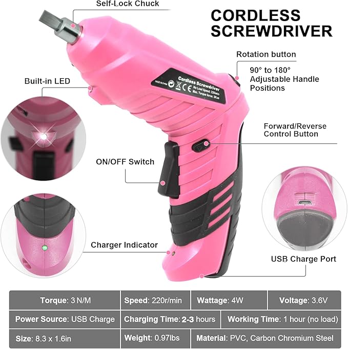Cordless Electric Screwdriver, 3.6V Rechargeable Power Screwdriver with 47 pcs Accessories, usb charging, 3Nm Screw Gun, mini Carrying screwdriver set with LED Light Electric Power Drill Set