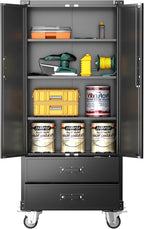 Aobabo Garage Metal Storage Cabinet with Wheels, Lockable Steel Storage Cabinet with 2 Large Drawer and 3 Adjustable Shelves, for Home, Office, Classroom, Black, Assembly Required