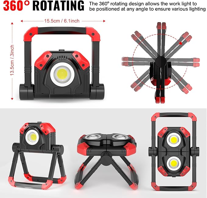 Adelante 2Pack Rechargeable LED Work Light with Magnetic Bases, 2500LM 6500K 12 Hours Long Lasting, Mobile Charger, 360°Rotating Stand Waterproof USB Portable Flood Light for Mechanics, Repairing
