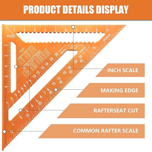 Carpenter Square 12-inch Layout Tool Alloy Metal Triangle Ruler Protractor,Orange（SAE&MER）