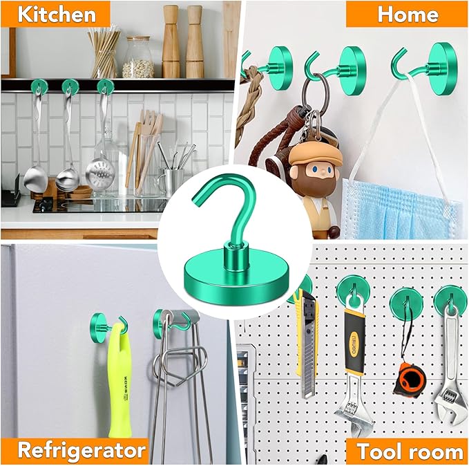 MIKEDE Magnetic Hooks Heavy Duty, 150LB Strong Magnet with Hook for Fridge, Super Neodymium Extra Strength Industrial Hooks for Toolbox, Cruise, Grill(Green,10 Pack)