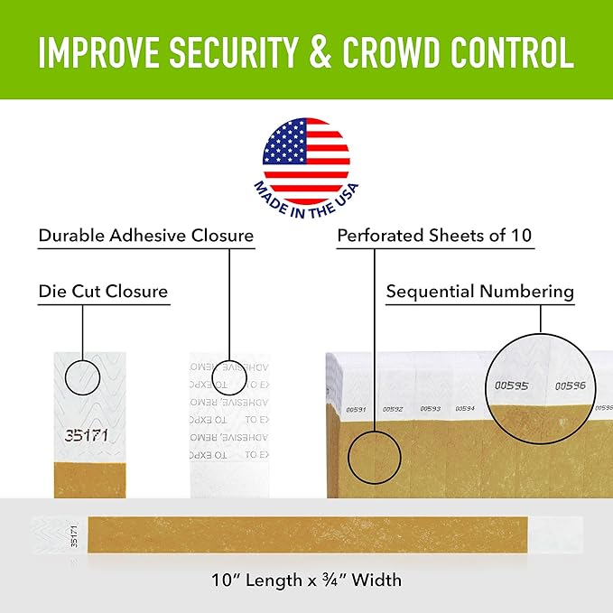 1,000 WristCo Gold Tyvek Wristbands for Events - Comfortable Tear Resistant Paper Bracelets ID Wrist Bands for Concerts Festivals Admission Party Identification