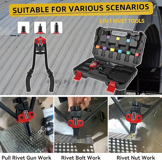 Eastvolt Rivet Nut Tool Kit, 3 in 1 Hand Rivet Gun, 14-Inch Rivnut Tool with 6 Metric Mandrels M3 M4 M5 M6 M8 M10, Rivet Bolt Tool with 3 Metric Bolt Mandrels and Rugged Carrying Case