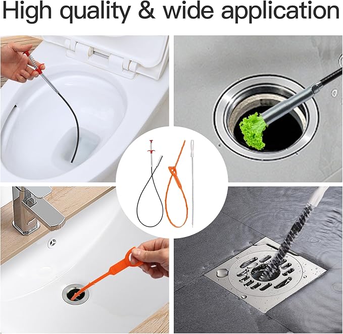 63 Inch Long Stainless Steel Drain Clog Remover (1pcs), 25 inch Drain Snake Hair Remover (6pcs) ＆23.6 inch Cleaning Brush (2pcs) Tool Set for Toilet, Kitchen Sink, Bathroom Tub, Sewer, 9, Pieces Set