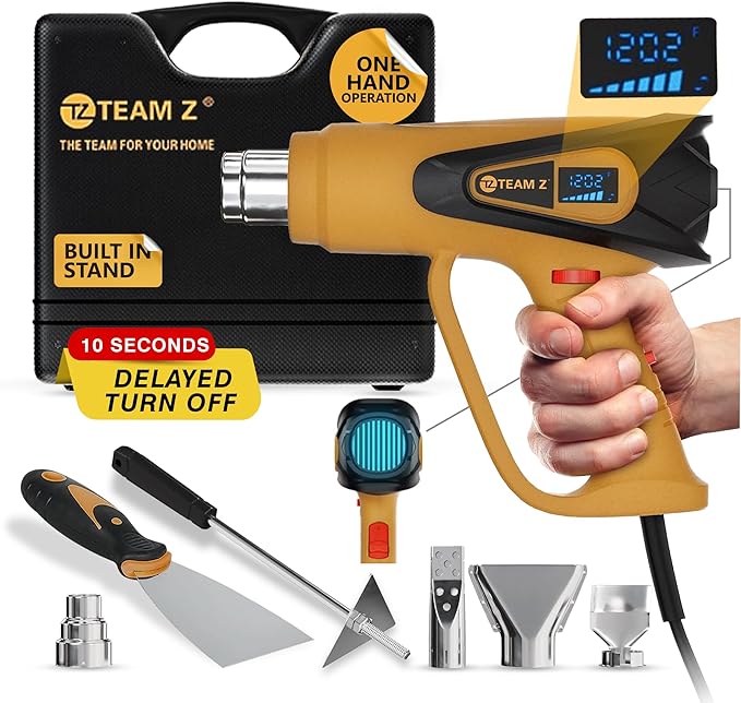 TEAM Z 1800W Premium Heat Gun kit 140°F~1202°F - Heavy Duty Heat Shrink Gun with Single Handed Operation, LCD Display Hot Air Gun with Case, Overload Protection with 6 Nozzles for Crafts