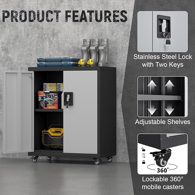 Metal Garage Storage Cabinet with Wheels,31.89" H Steel Lockable Cabinet with 2 Doors and 1 Adjustable Shelf, Small Rolling Cabinets for Home Office, Garage, BlackGrey