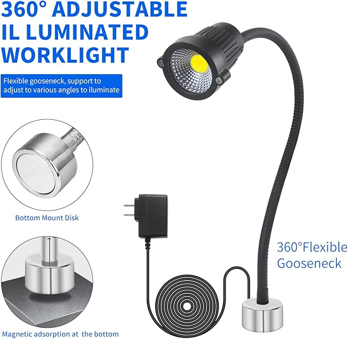 Magnetic Work Light, LED Work Light, with Flexible Gooseneck and Magnetic Base, Shop Tool Lamp for Lathe, Bandsaw, Work Bench, Sewing Machine, Industrial Lighting, 1200Lumens