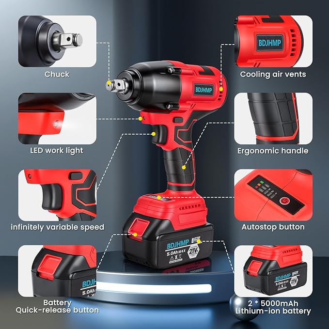 Cordless Impact Wrench, 1106 FT-lbs 1500Nm Brushless Impact Gun 1/2", 18V 2 * 5.0 Ah Multifunction Power Impact Driver for Home Car Truck Mower