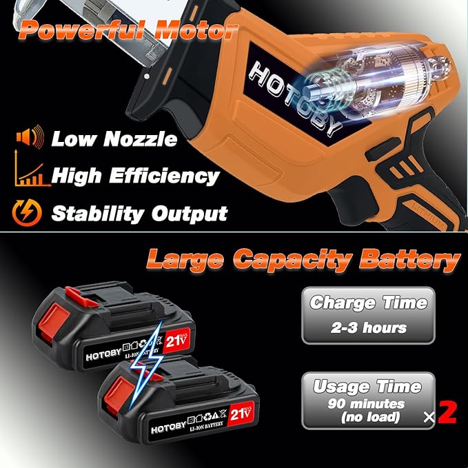 Reciprocating Saw, Cordless, Electric Reciprocating Saw with 2 Batteries, Includeds 8 Blades Kit, Tool-free Blade Change, Variable Speed, Multi-Purpose, For DIY Wood Metal PVC Cutting (Orange)