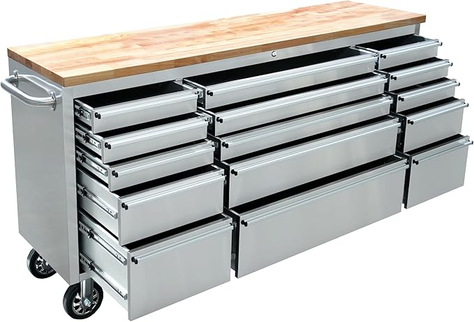 CT Copper Tailor 72-inch Rolling Tool Chest with 15 Drawers and Wheels, Mobile Garage Workbench, Large Tool Box Storage Tool Cabinet with Wood Top for Workshop,Stainless Steel