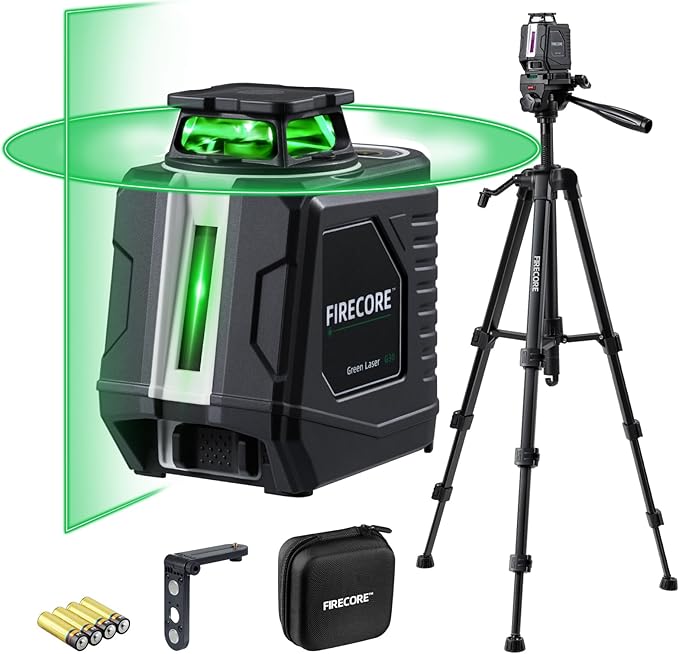 Firecore 360° Laser Level with Tripod, 100Ft Self Leveling Laser Level Green Cross Line Laser Leveler Tool for Picture Hanging Wall Tile Floor Construction, 60" Compact Tripod & Carry Pouch Included