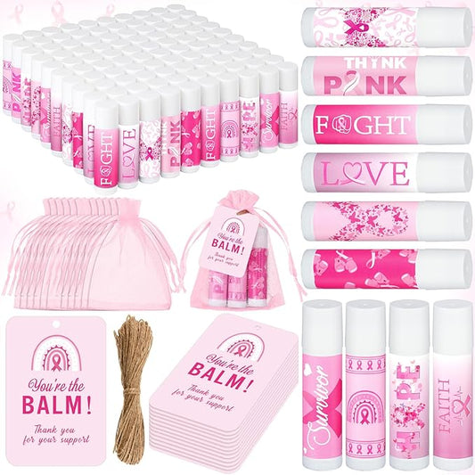 100 Set Pink Ribbon Breast Cancer Awareness Gifts Bulk, 100 Lip Balms, 100 Organza Gift Bags and 100 Tags Perfect for Charity Events, Survivors Awareness Campaigns-VeraVaultWomen