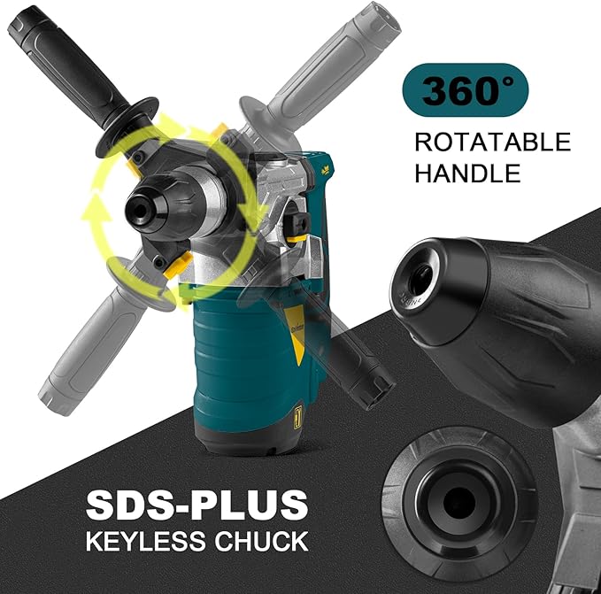 Enventor 1-1/4 Inch SDS-Plus 13A Heavy Duty Rotary Hammer Drill for Concrete Stone, Safety Clutch Electric Demolition Hammer Drill with 4 Functions, Vibration Control, Chisels, Drill Bits, Blue