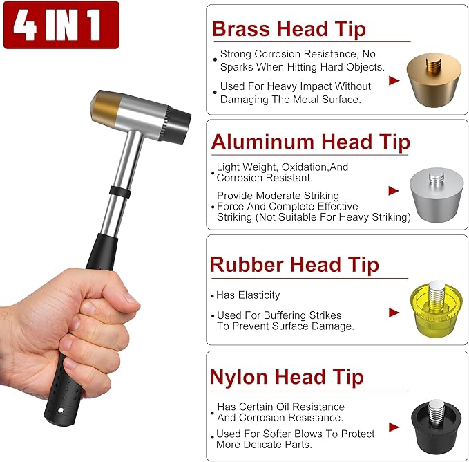 Small Brass Hammer with 4 Interchangeable 1-Inch Heads: Brass, Nylon, Aluminum, Rubber, Hammer Mallet for Jewelry, DIY Projects and More