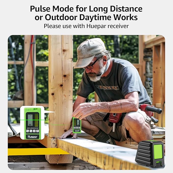 Huepar Box-1G Laser Level with Pulse Mode for Indoor & Outdoor Use, 150ft /150° Professional Self Leveling Green Laser Line Tool