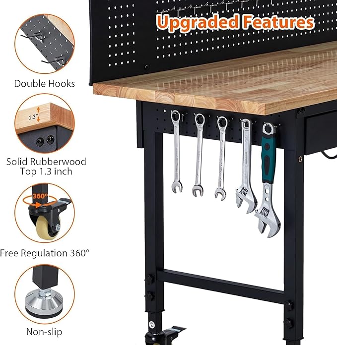 60-Inch Garage Workbench with Wheels, Adjustable Rubber Wood Top Garage Workbench with Pegboard/Drawer/Power Outlet, 2000 lbs Load Capacity, for Workshop, Woodworking, Office, Home.