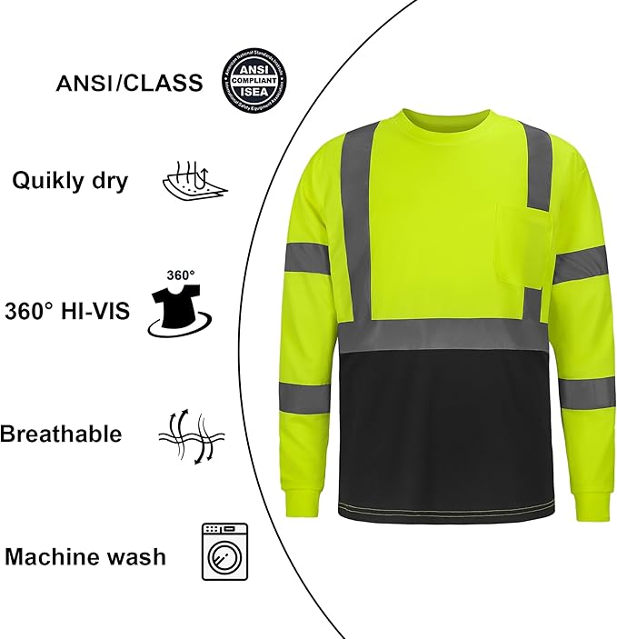 High Visibility Class 3 T Shirts，Hi Vis Safety Shirts with Reflective Strips and Pocket, Long Sleeve Quick Dry Mesh Construction Work Shirt for Men/Women Black Bottom Lime,Large