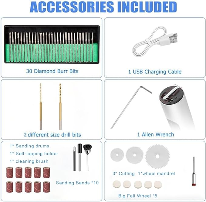 Electric Engraving Pen, 3-Speed Mini Cordless Rotary Tool Kit with 54 Accessories - USB-C Rechargeable for Wood, Metal, Glass, Plastic - Ideal for DIY, Jewelry & Craft Projects