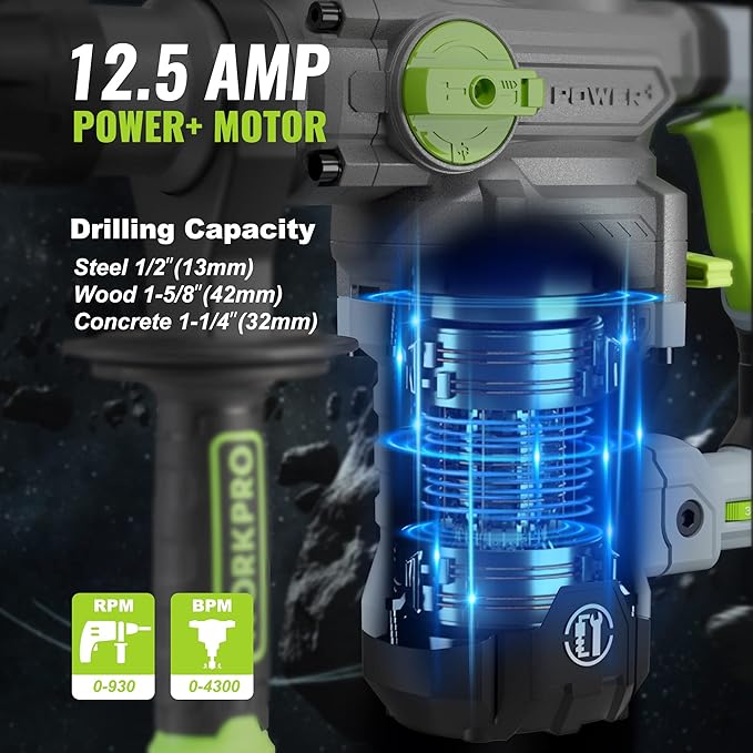 WORKPRO Premium 1-1/4 Inch SDS-Plus Rotary Hammer Drill, 12.5AMP, Heavy Duty Corded Version for Concrete Demolition Chipping Rotomartillo, 5 SDS-Plus Bits