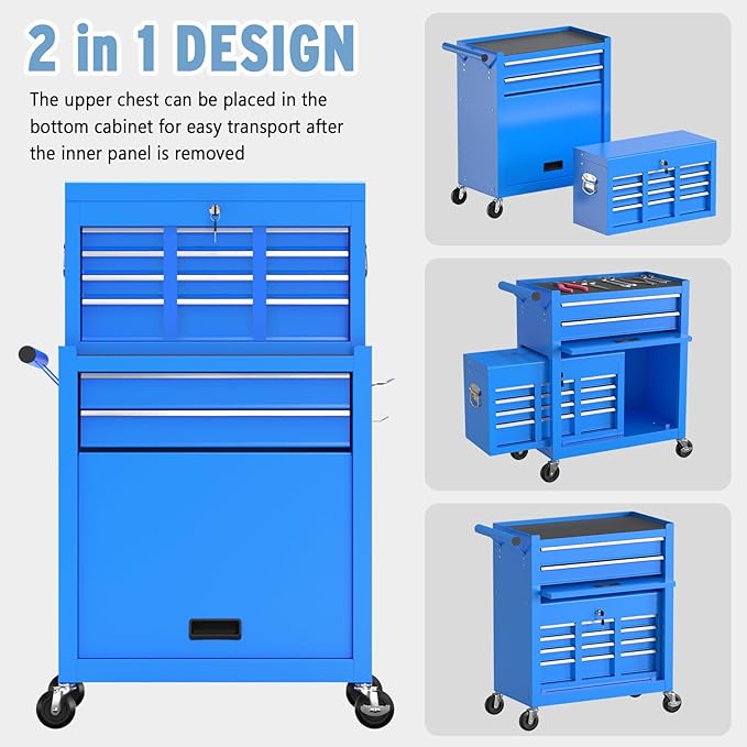 8 Drawer High Capacity Rolling Tool Chest, Metal Tool Box with Wheels and Drawers, Detachable Toolbox with Lock, Heavy Duty Tool Cabinet for Workshop, Warehouse and Garage (Blue)