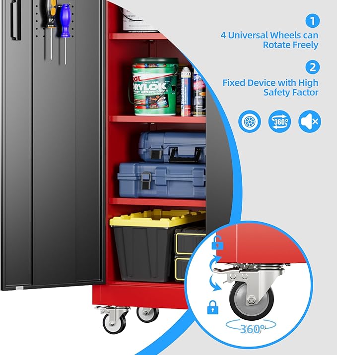 71" H×32" W×16" D Garage Storage Cabinet with Wheels, Locking Metal Storage Cabinet with 5 Adjustable Shelves, 4 Hooks and Pegboard for Garage, Home Office, Kitchen, Black and Red
