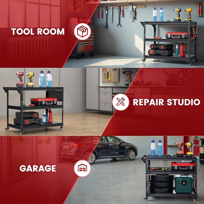 3-Tier Rolling Workbench Heavy Duty Adjustable Metal Tool Work Table with Side Pegboard, Wheels & Push Handle Mobile Workstation for Garage, Warehouse, Kitchen