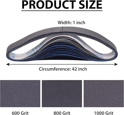 15 Pack 1 x 42 Inch Silicon Carbide Sanding Belts, 1x42 Knife Sharpening Sanding Belt, 5 Pcs Each of 600, 800, 1000 Grits Sanding Belt for Belt Sander
