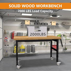 Solid Wood 48" Work Bench with Drawers, Adjustable Height Workbench with Wheels, Heavy-Duty Work Table with Power Outlets, 2000 LBS Capacity Workstation for Garage, Workshop(48" X 24")