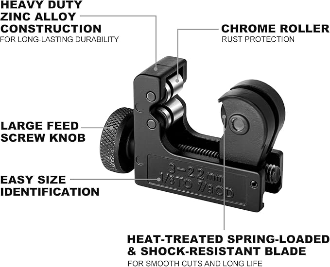 HAUTMEC Copper Pipe Cutter Tool 1/8" to 7/8" OD (3-22mm), Mini Copper Tubing Cutter Tool for PVC, Copper, Aluminum, and Thin Stainless Steel Tube HT0132-TC