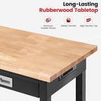 Workbench with Shelf Bracket 48 x 24 Inch Heavy Duty Rubberwood Tabletop Work Table Adjustable Height Work Bench with Drawer, Power Outlets for Garage Woodworking Shop, Home, Office