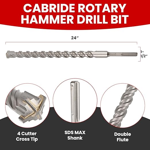 1-1/2 X 24 in SDS MAX Bits, Rotary Hammer Drill Bits, Carbide Drill Bits, Masonry Drill Bits for Concrete, Stone and Brick, SDS MAX Hammer Double Flute, Masonry Drill Bit, Concrete Drill Bit
