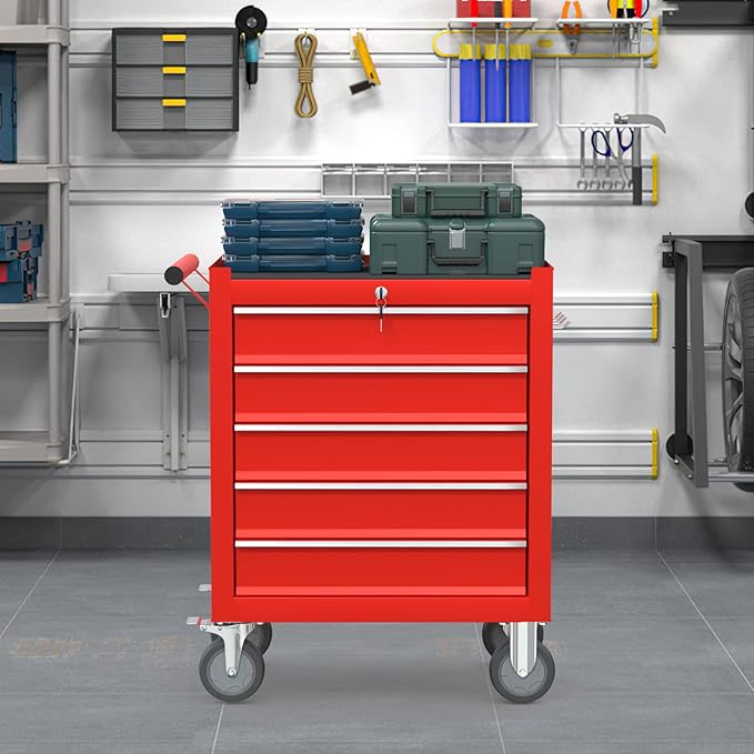 5 Drawers Rolling Tool Chest, Large Capacity Metal Tool Box with Wheels and Drawers, Tool Storage Cabinet with Keyed Locking, Tool Organizer Box for Garage, Workshop, Warehouse (Red)