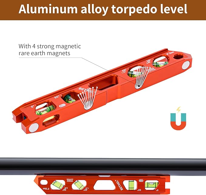 BETHEL 9 Inch Magnetic Torpedo Level with 4 Bubble Vials, V-Groove & Magnetic Rails, Orange Aluminum Alloy Construction