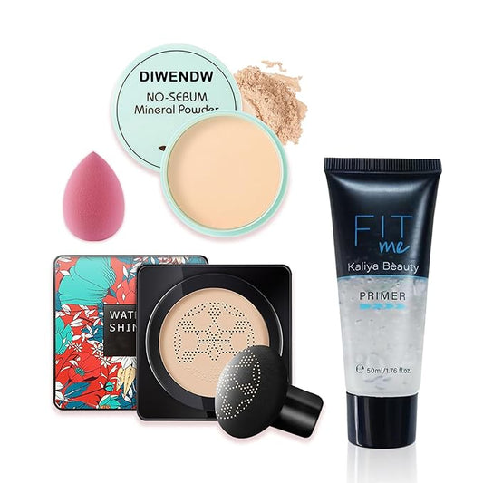Mushroom Head Air Cushion CC Cream Full Coverage Liquid Foundation Set,Oil Control Concealer Lasting Moisturizing BB Cream,Loose Setting Face Powder Moisturizer Base Primer Makeup with Makeup Sponge-VeraVaultWomen