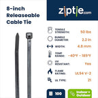 ZipTie.com 8-Inch Black Releasable Pawl Zip Ties - 50-lb Tensile Strength Cord Management - UL Listed Reusable Cable Ties - UL 21 Listed, UV Resistant, Indoor & Outdoor Multi-Purpose (100-Pack)