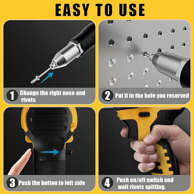 Rivet Gun Compatible with Dewalt 20V Battery, Cordless Rivet Tool with 3 Size (1/8", 5/32", 3/16") Aluminum Rivets, Brushless Motor Rivet Gun Kit Nose Piece, Led Light, Tool Only