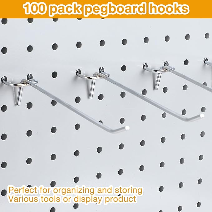 Funrous 100 Pack Peg Board Hooks Stainless Steel Pegboard Hooks Shelving Display Hanging Peg Board Holders for 1/8 and 1/4 Garage Storage Tools Organizer(6 Inch)