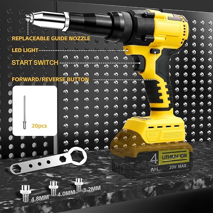 Rivet Gun Compatible with Dewalt 20V Max Battery(No Battery) Cordless Rivet Gun, Brushless Pop Rivet Gun Tool for Aluminum Nails 1/8", 5/32", 3/16"(Not for Stainless Nails)