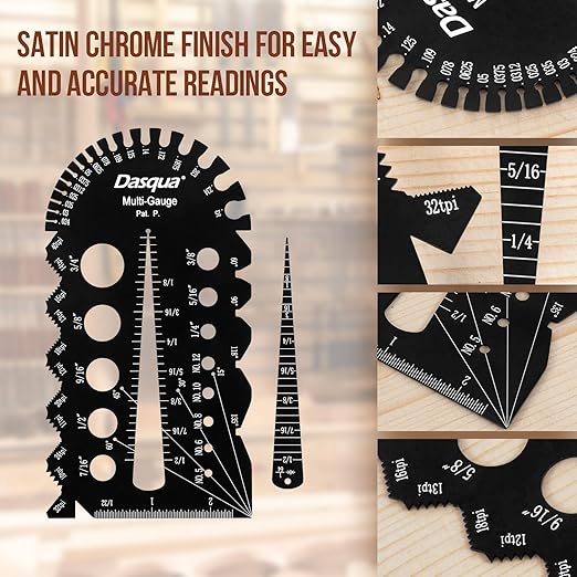 Dasqua 3-in-1 Measuring Tool Set, 12" Stainless Steel Combination Square & Bolt Thread Gauge, Inch Thread Checker for 13 Sizes, Carpenter Square with 45°/90° Level for Woodworking, Engineering, DIY