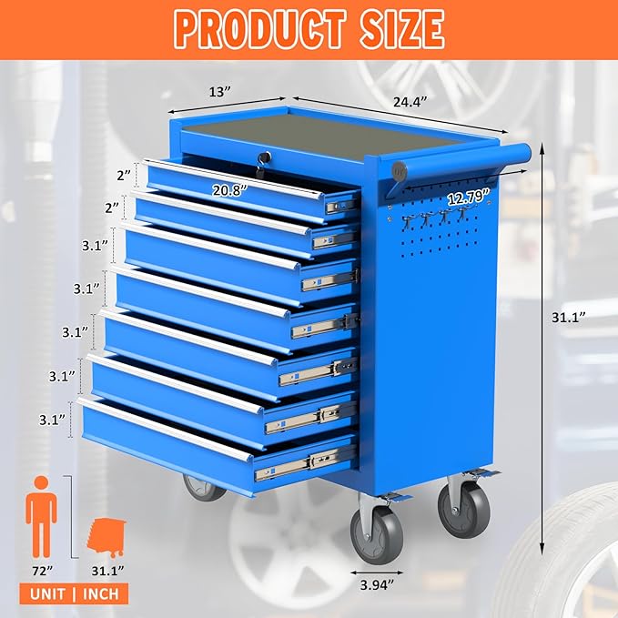 7 Drawers Large Capacity Rolling Tool Chest, Metal Tool Box with Wheels and Drawers, Tool Storage Cabinet with Keyed Locking, Tool Organizer Box for Garage, Workshop, Warehouse (Blue)