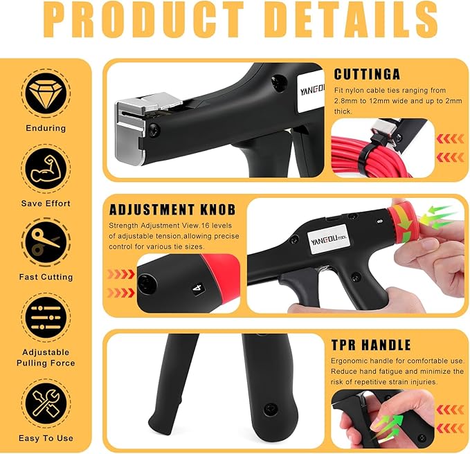 Yangoutool Cable Tie Gun, Fasten and Cut Cables with 16 Adjustable Tension Settings - Fit 2.8mm to 12mm Wide and up to 2mm Thick Nylon Ties