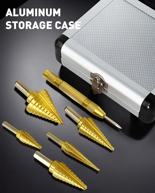 COMOWARE Step Drill Bit Set 5-Piece Titanium-Coated with Automatic Center Punch - Short Length, Double Cutting Blades, High-Speed Steel - Covering 50 Sizes, Complete with Aluminum Case