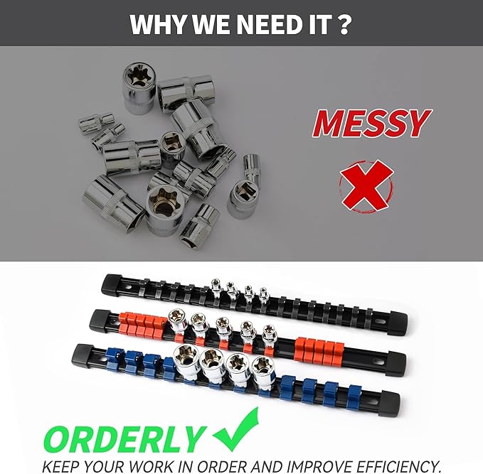 ALOANES 3 PC ABS Socket Organizer, 1/2 inch, Drive Socket Rail Holders, Heavy Duty Socket Racks, Black Rails with Blue Clips