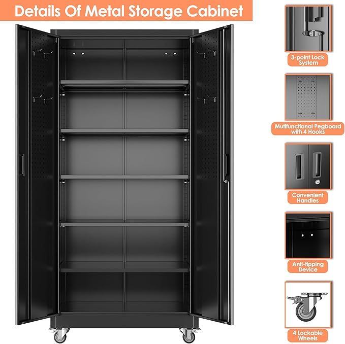 Aobabo 71" H×34" W×18" D Metal Storage Cabinet with Wheels, Locking Steel Storage Cabinet with 4 Hooks, 5 Shelves for Garage, Home Office, School, Assembly Required, Black