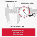 0-6" Range SAE Dial Caliper Measuring Tool, Analog Precision Micrometer Caliper ±0.001" Accuracy, Manual Mechanical Metal Stainless Steel Measuring Dial with 4-Way Measurements