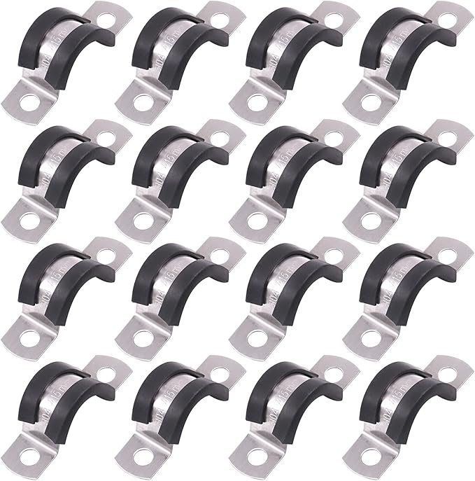 Glarks 16Pcs 15MM 2 Hole U-Tube Strap Clamp Set 304 Stainless Steel Rubber Cushion Rigid Pipe Strap U Bracket Tube Strap Assortment Kit For Pipe Tube Fixing (15mm)