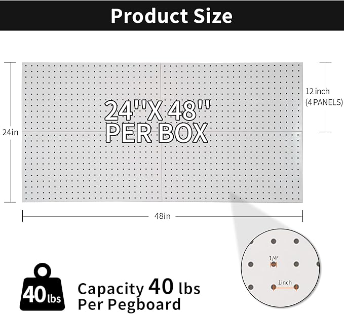 Metal Peg Panels - 4 Pcs 24' x 12' Wall Organizer, Steel Pegboard Tool Board, White Pegboard for Garage Storage & Organization