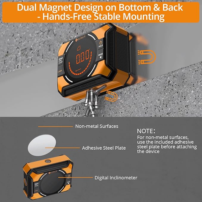 Neoteck Digital Angle Finder with Dual Laser (Class 2 Laser, 1mW Power Output) 4x90/2x180°Angle Gauge with LED Display and Data Hold USB Charging Level Box with Bottom and Back Strong Magnetic